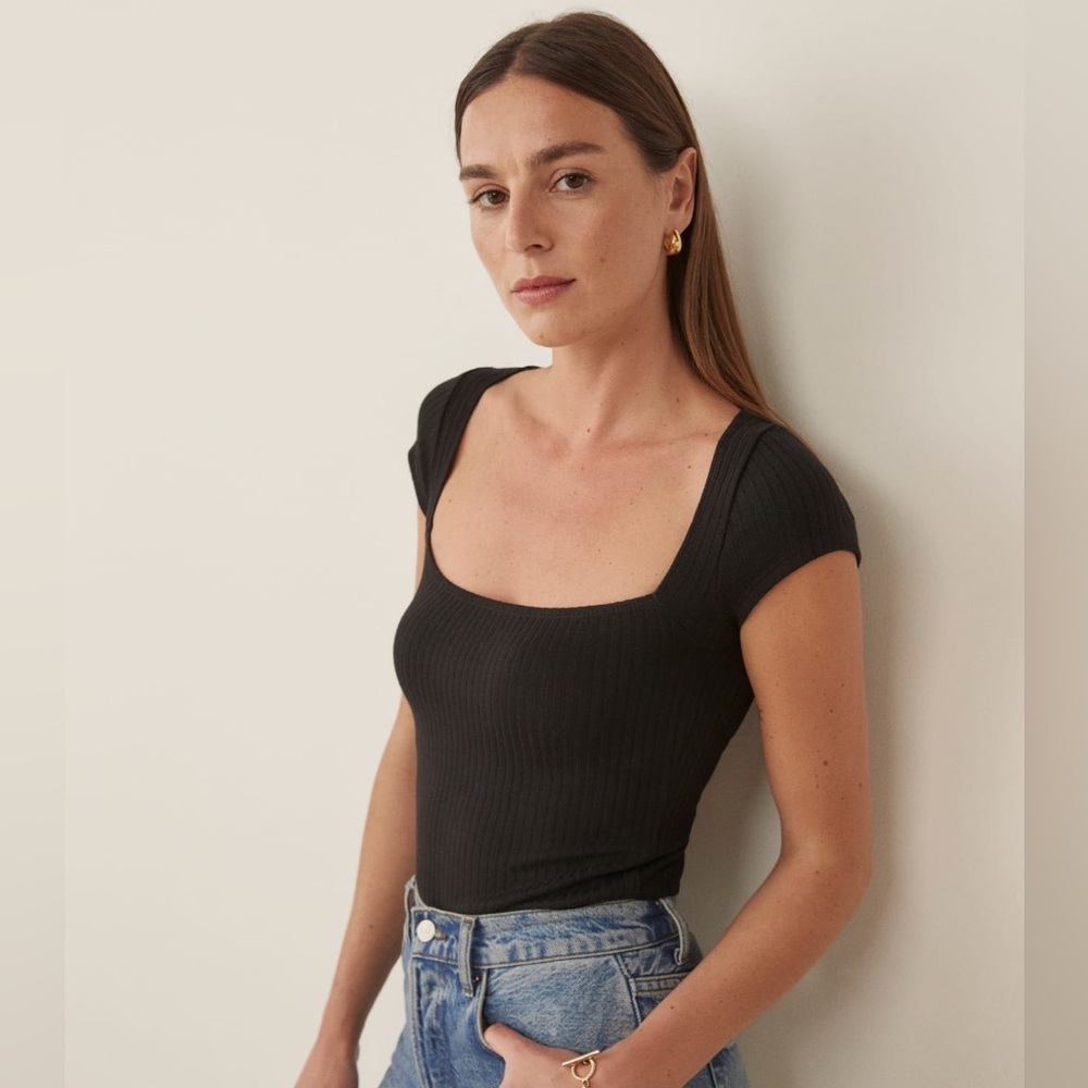 Reformation Bardot Ribbed Knit Tee in Blue — Size XS